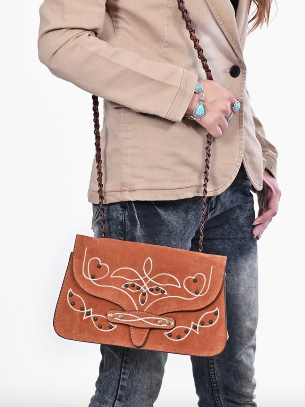 American Darling Western Cross Body Bag with Rivetted Genuine Suede Leather